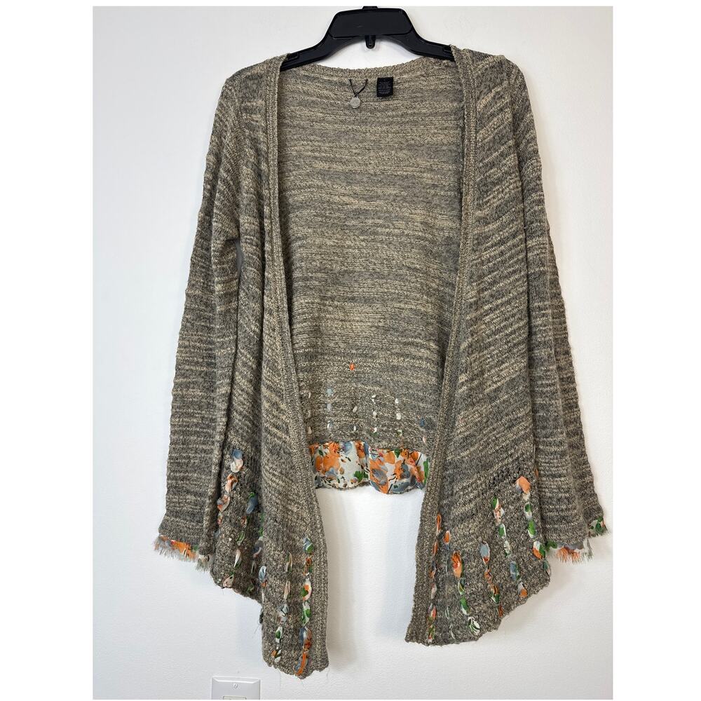 BKE Boutique Open Weave Wool Blend Flyaway Cardigan Chiffon Trim Large Boho